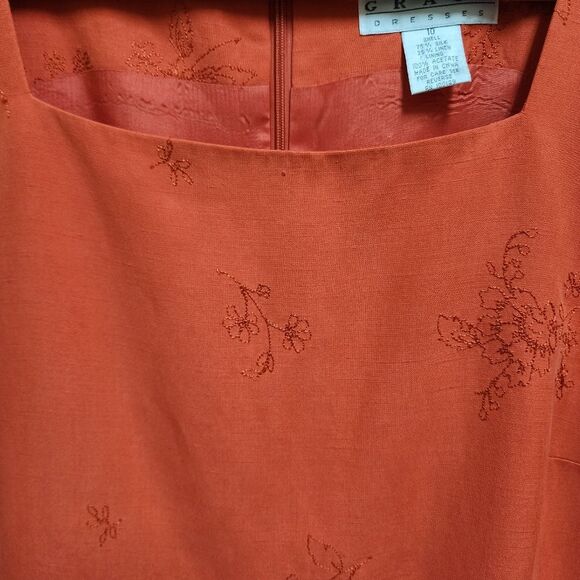 Grace Dresses Womens 10 Orange Silk Linen Floral Embroidered Sleeveless Sheath - Picture 10 of 12